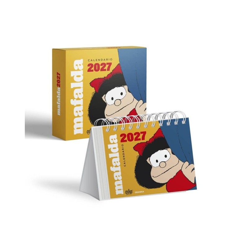 MAFALDA 2027, CALENDARIO DE ESCRITORIO AMARILLO CON CAJA